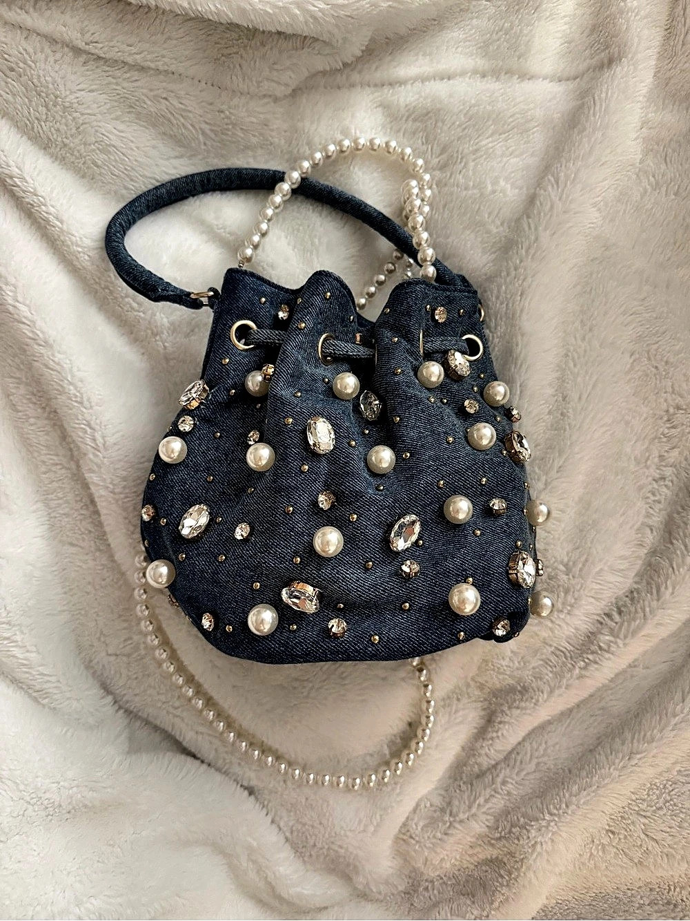 Lele Sadoughi Lucy Denim Embellished Bucket Bag in Blue